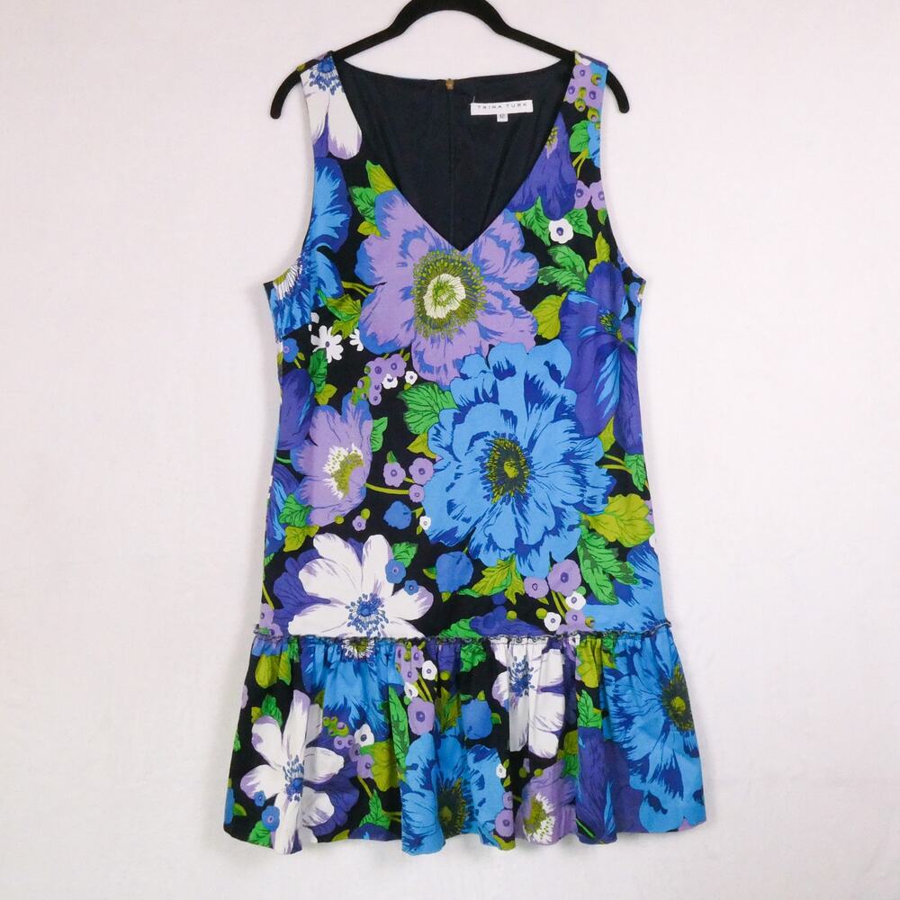 Trina Turk Blue Purple Floral Shift Dress Size 12 Ruffle Hem Garden Boho